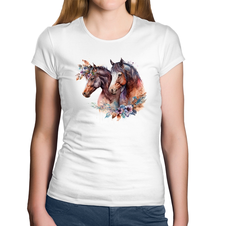 Baby Look Algodão Casal de cavalos e flores - Branca