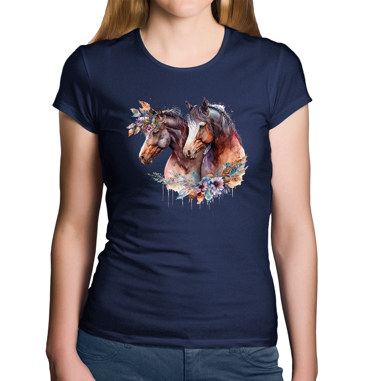 Baby Look Algodão Casal de cavalos e flores - Marinho