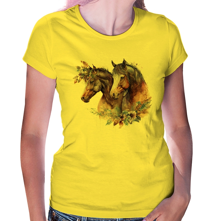 Baby Look Casal de cavalos e flores - Amarela