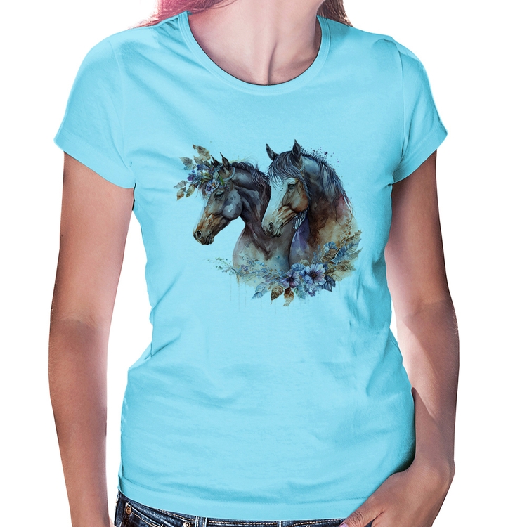 Baby Look Casal de cavalos e flores - Azul Bebê