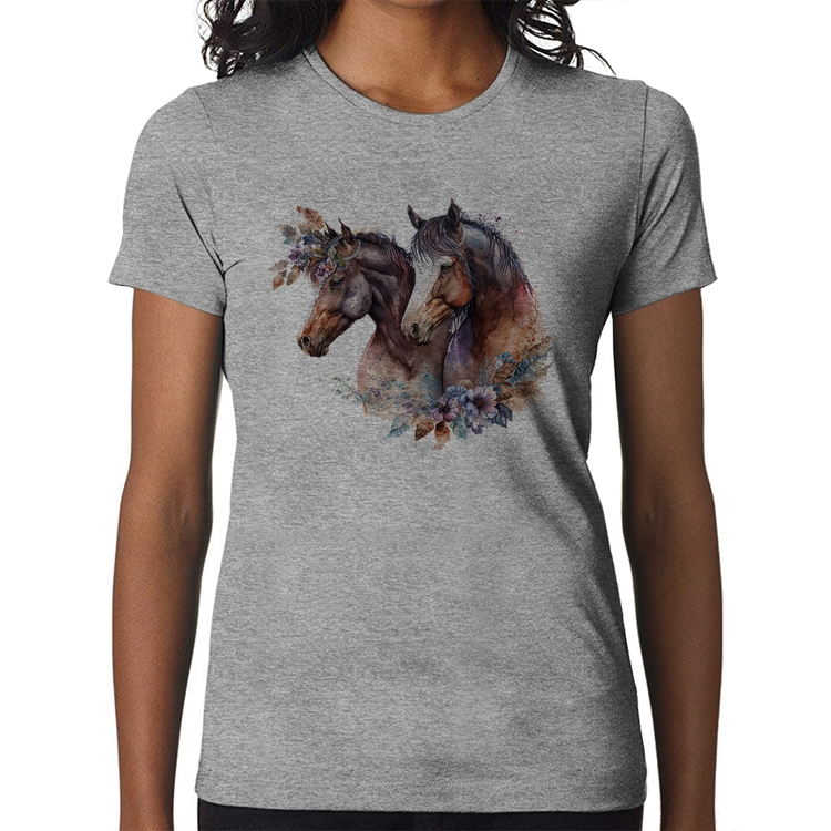 Baby Look Casal de cavalos e flores - Cinza