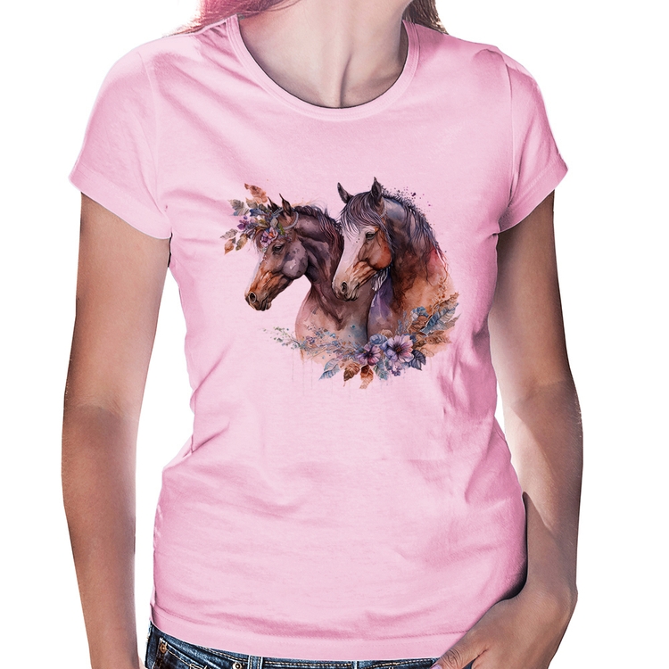 Baby Look Casal de cavalos e flores - Rosa Bebê