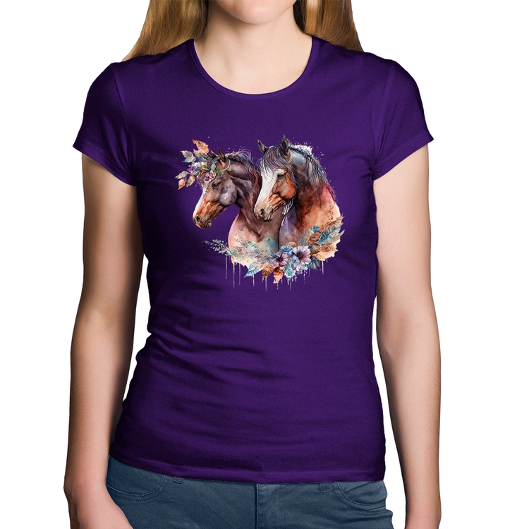 Baby Look Algodão Casal de cavalos e flores - Roxa