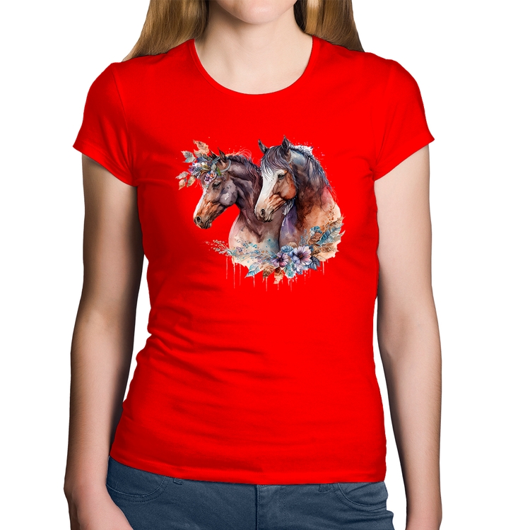 Baby Look Algodão Casal de cavalos e flores - Vermelha