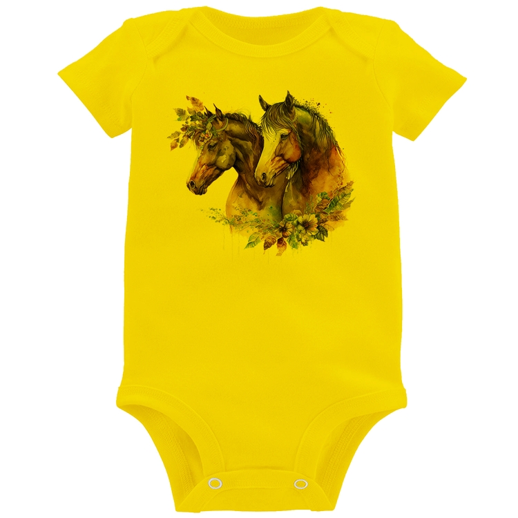 Body Bebê Casal de cavalos e flores - Amarelo