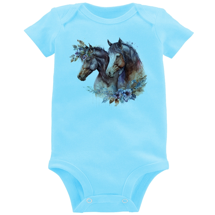 Body Bebê Casal de cavalos e flores - Azul Bebê