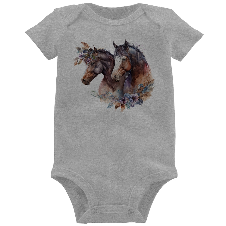 Body Bebê Casal de cavalos e flores - Cinza