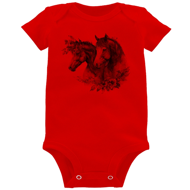 Body Bebê Casal de cavalos e flores - Vermelho