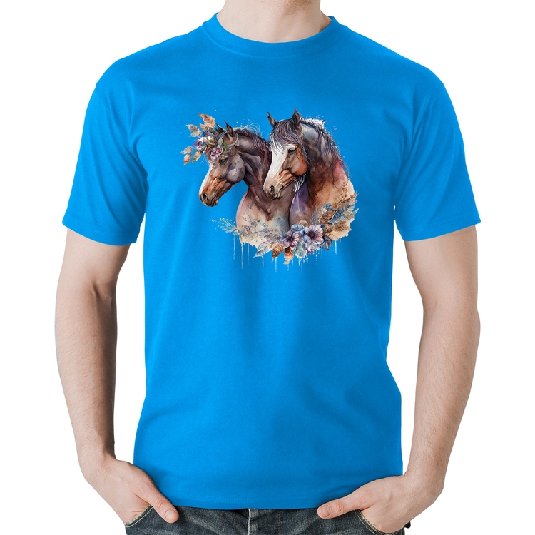 Camiseta Algodão Casal de cavalos e flores - Azul