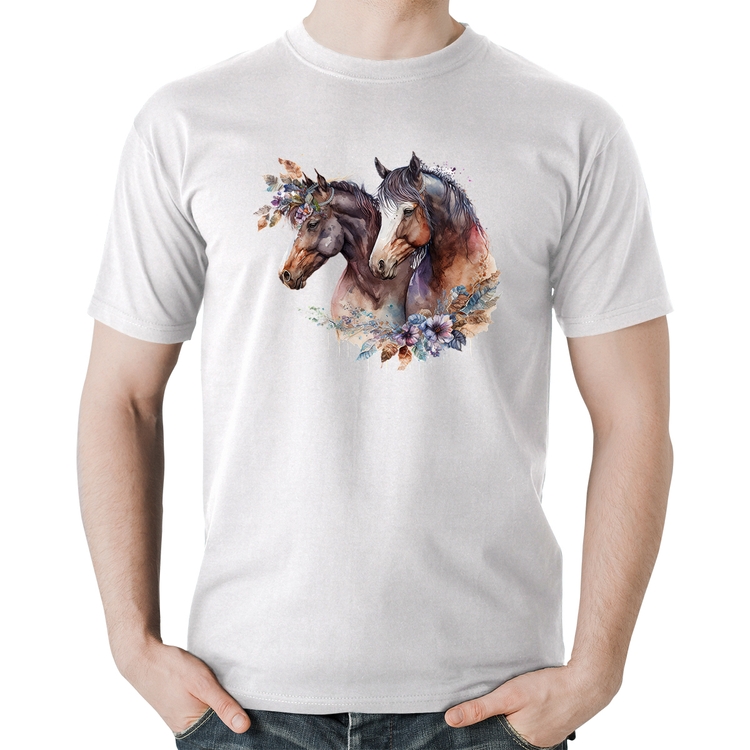 Camiseta Algodão Casal de cavalos e flores - Branca