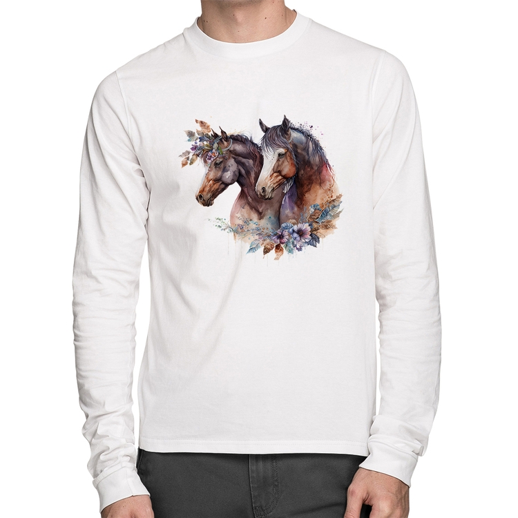 Camiseta Algodão Casal de cavalos e flores Manga Longa - Branca