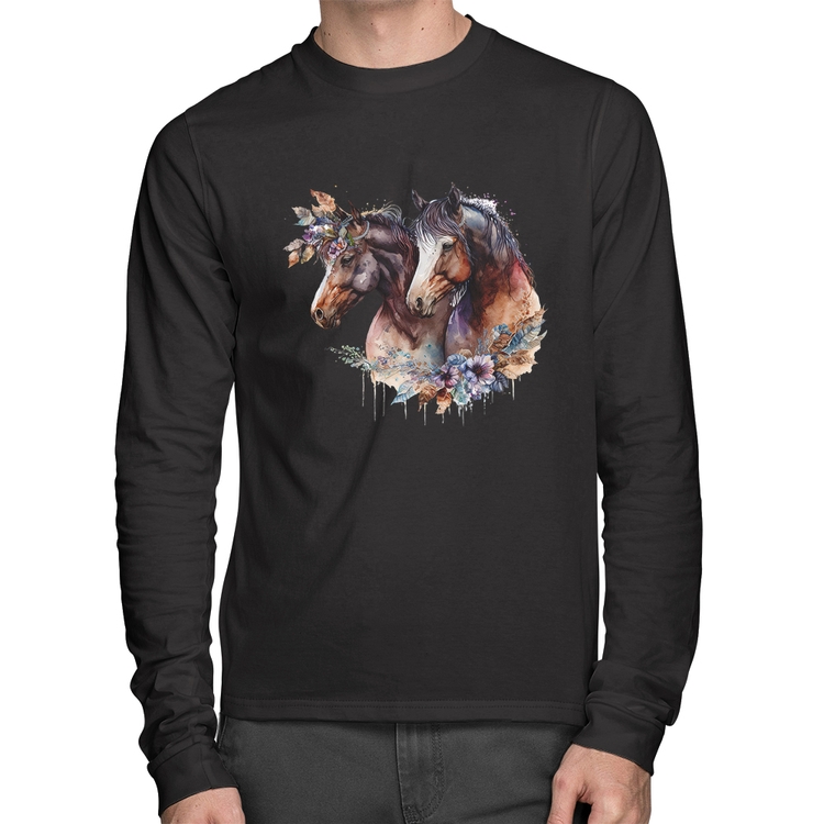 Camiseta Algodão Casal de cavalos e flores Manga Longa