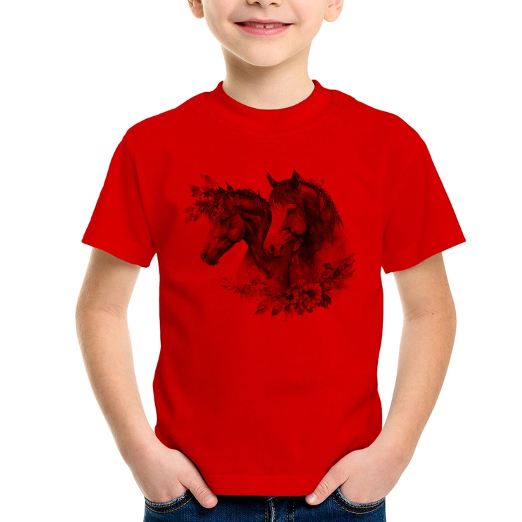 Camiseta Infantil Casal de cavalos e flores - Vermelha