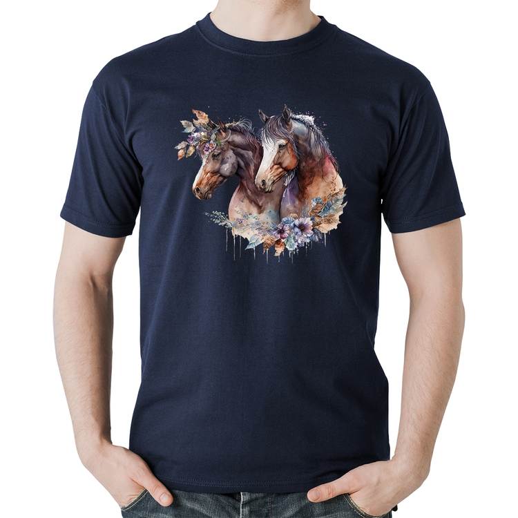 Camiseta Algodão Casal de cavalos e flores - Marinho