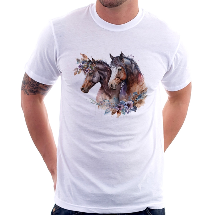 Camiseta Casal de cavalos e flores