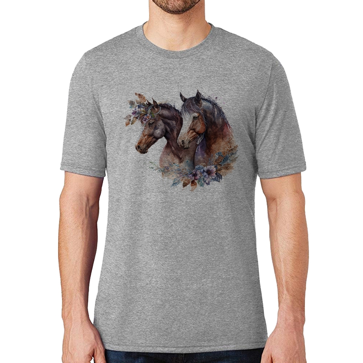 Camiseta Casal de cavalos e flores - Cinza