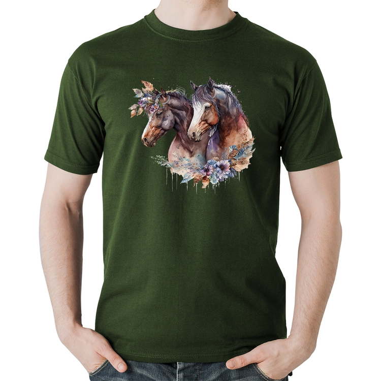 Camiseta Algodão Casal de cavalos e flores - Musgo