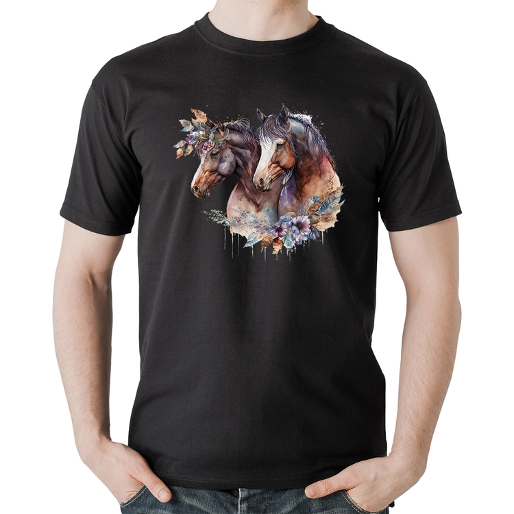 Camiseta Algodão Casal de cavalos e flores