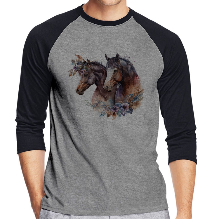 Camiseta Raglan Casal de cavalos e flores Manga 3/4 - Cinza/Preto