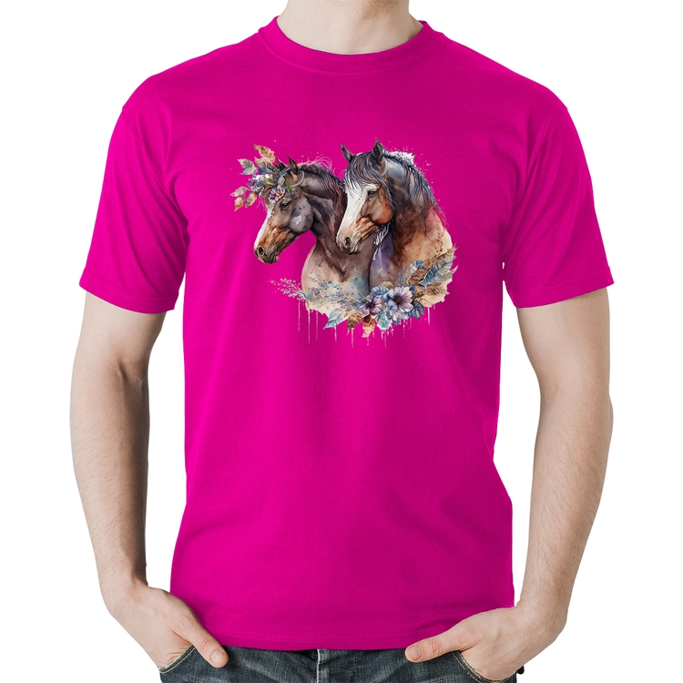 Camiseta Algodão Casal de cavalos e flores - Rosa