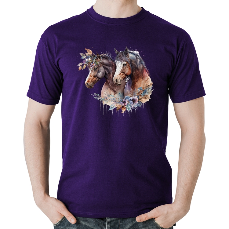 Camiseta Algodão Casal de cavalos e flores - Roxa