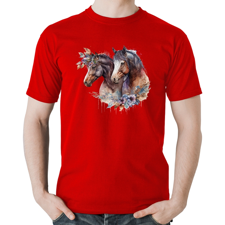 Camiseta Algodão Casal de cavalos e flores - Vermelha