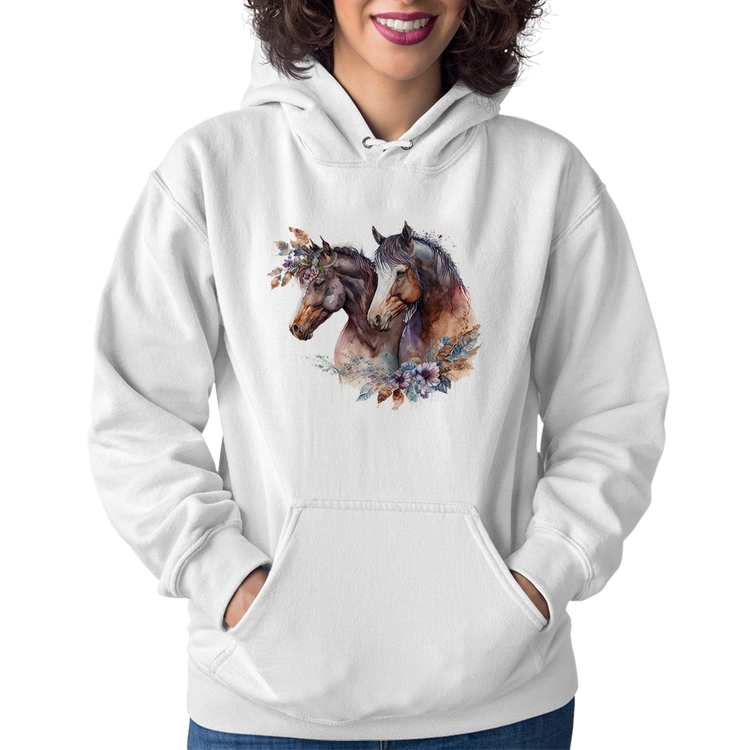 Moletom Feminino Casal de cavalos e flores - Branco