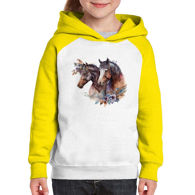 Moletom Infantil Casal de cavalos e flores - Branco/Amarelo