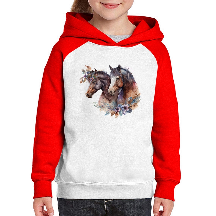 Moletom Infantil Casal de cavalos e flores - Branco/Vermelho