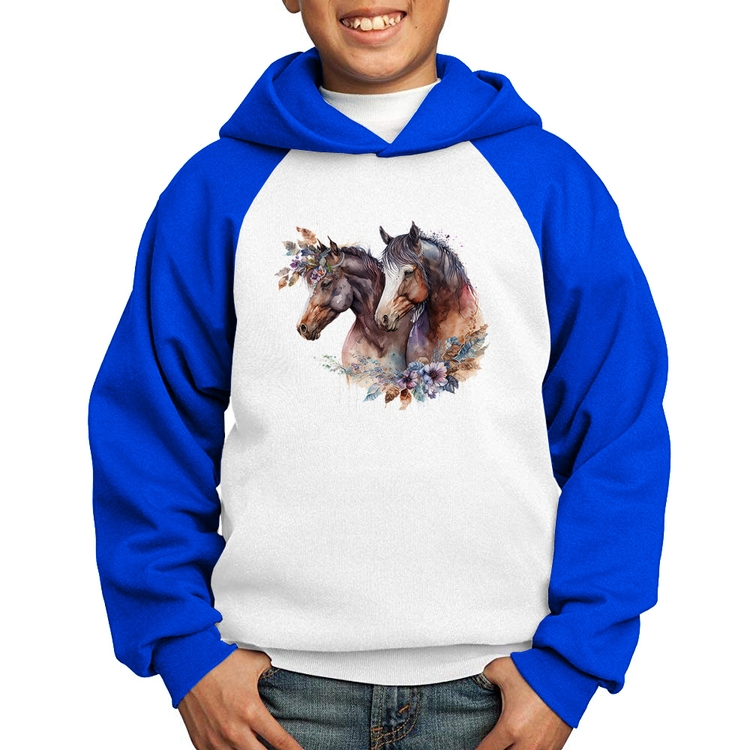 Moletom Infantil Casal de cavalos e flores - Branco/Azul