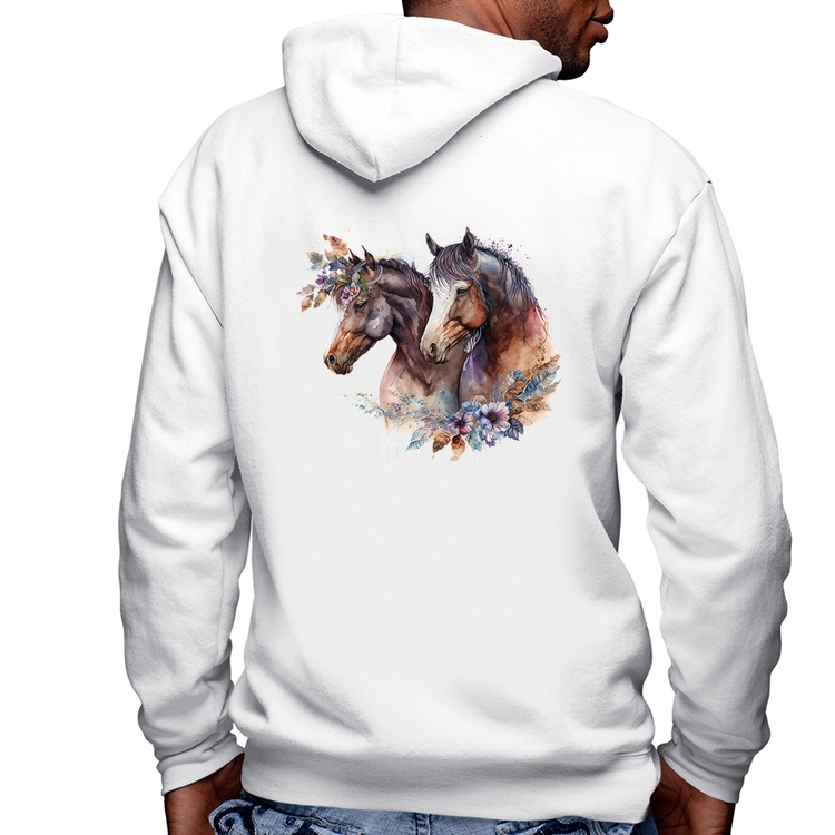 Blusa Moletom Casal de cavalos e flores Masculina com Capuz e Zíper - Branca