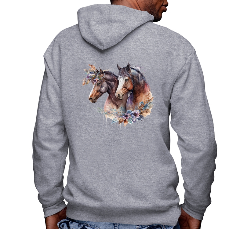 Blusa Moletom Casal de cavalos e flores Masculina com Capuz e Zíper - Mescla