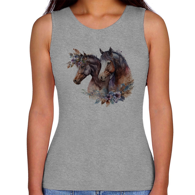 Regata Feminina Casal de cavalos e flores - Cinza
