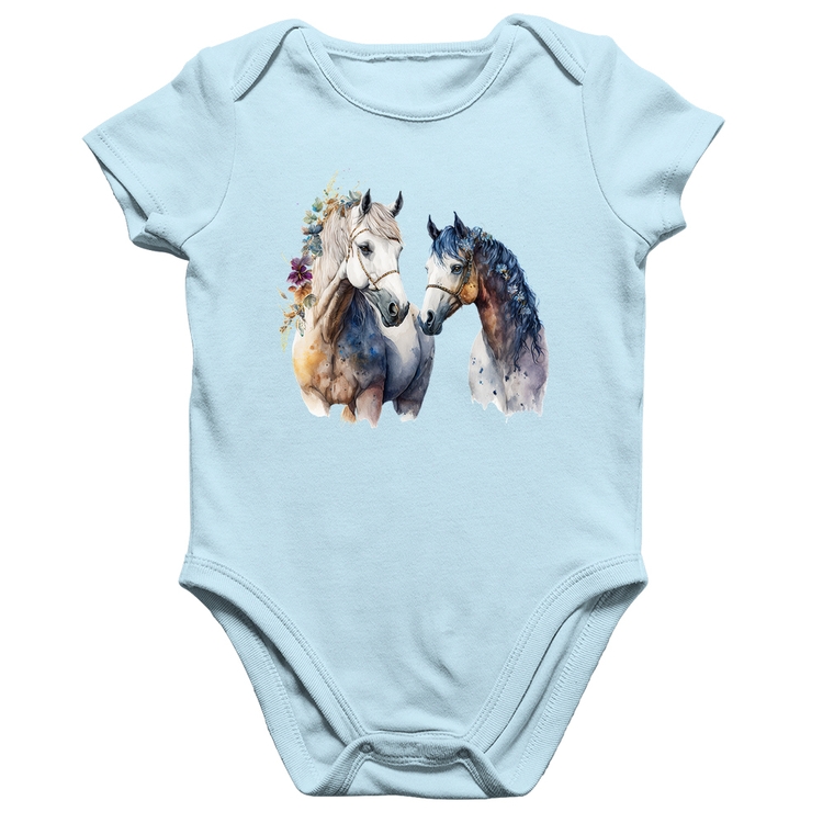 Body Bebê Algodão Casal de Cavalos Watercolor - Azul Bebê