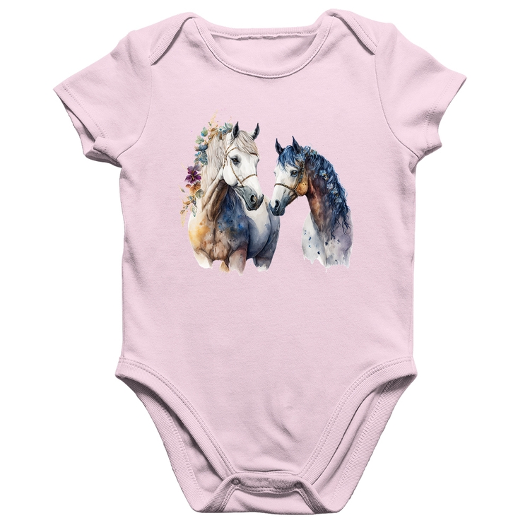 Body Bebê Algodão Casal de Cavalos Watercolor - Rosa Bebê