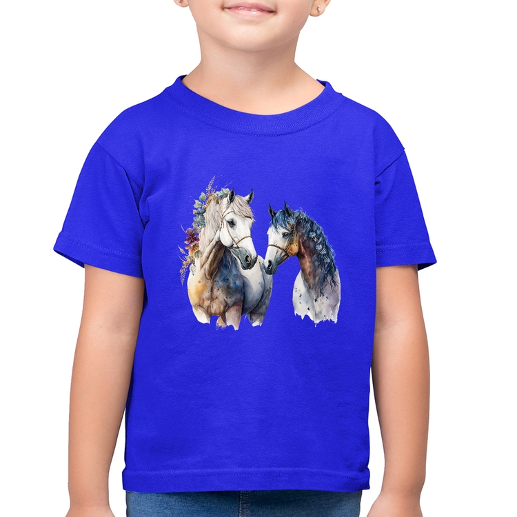 Camiseta Algodão Infantil Casal de Cavalos Watercolor - Azul Royal