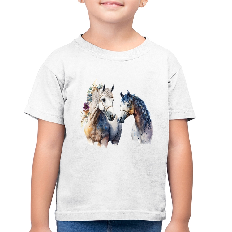 Camiseta Algodão Infantil Casal de Cavalos Watercolor - Branca