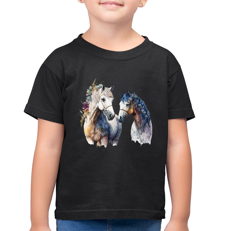Camiseta Algodão Infantil Casal de Cavalos Watercolor