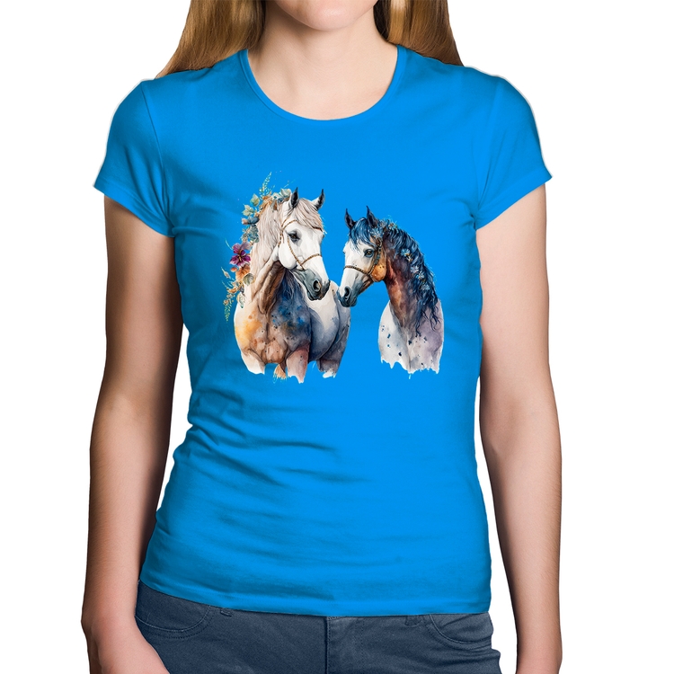 Baby Look Algodão Casal de Cavalos Watercolor - Azul