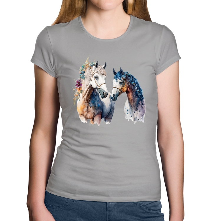 Baby Look Algodão Casal de Cavalos Watercolor - Cinza