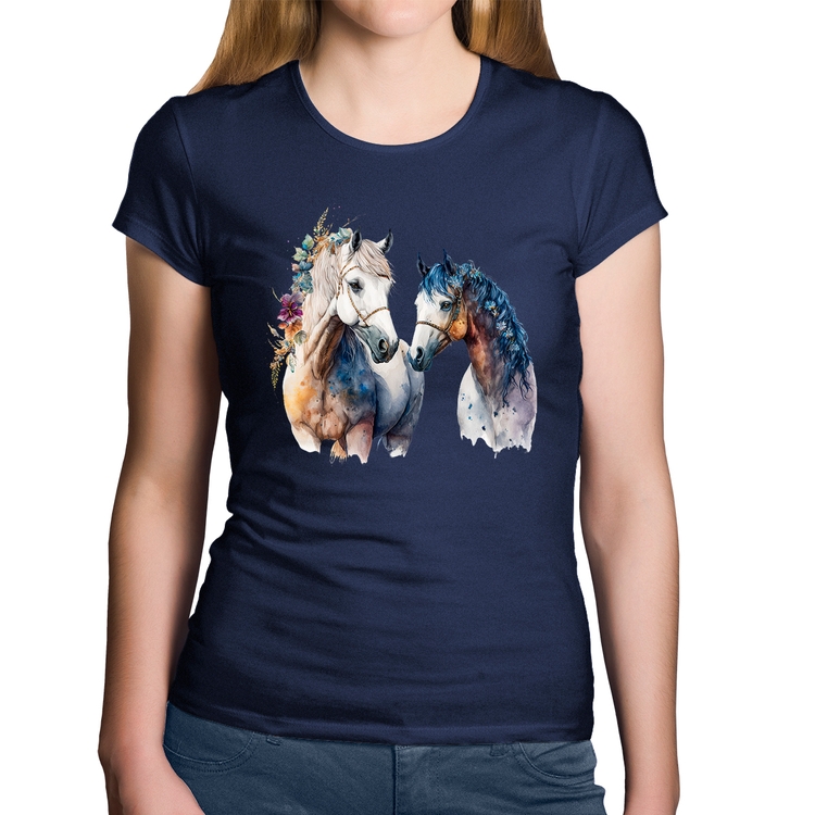 Baby Look Algodão Casal de Cavalos Watercolor - Marinho