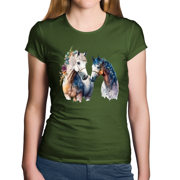 Baby Look Algodão Casal de Cavalos Watercolor - Musgo