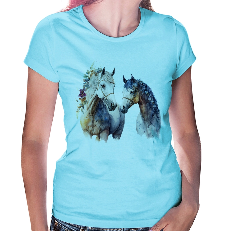 Baby Look Casal de Cavalos Watercolor - Azul Bebê