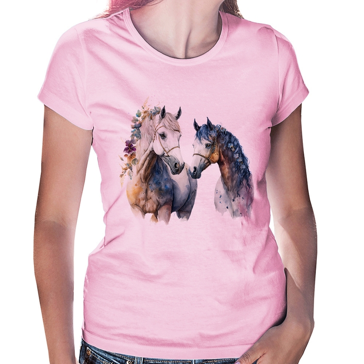 Baby Look Casal de Cavalos Watercolor - Rosa Bebê