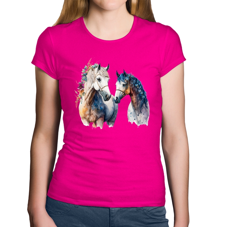 Baby Look Algodão Casal de Cavalos Watercolor - Rosa