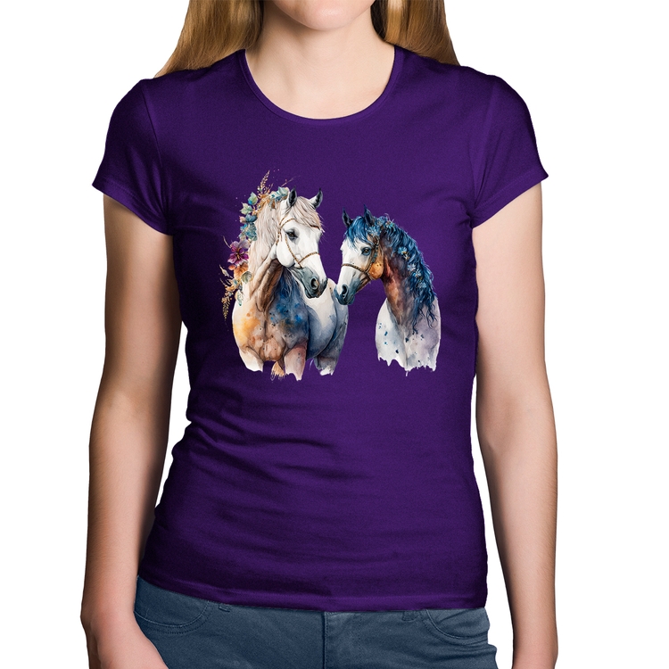 Baby Look Algodão Casal de Cavalos Watercolor - Roxa