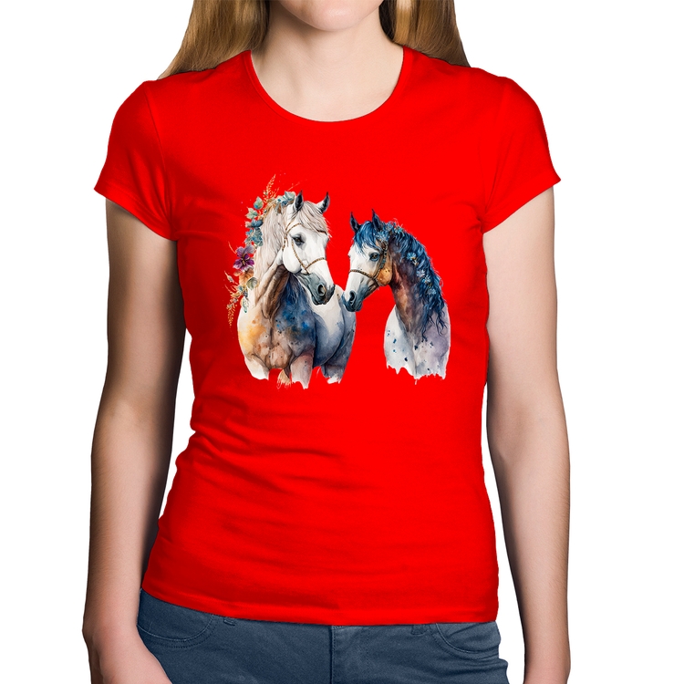 Baby Look Algodão Casal de Cavalos Watercolor - Vermelha