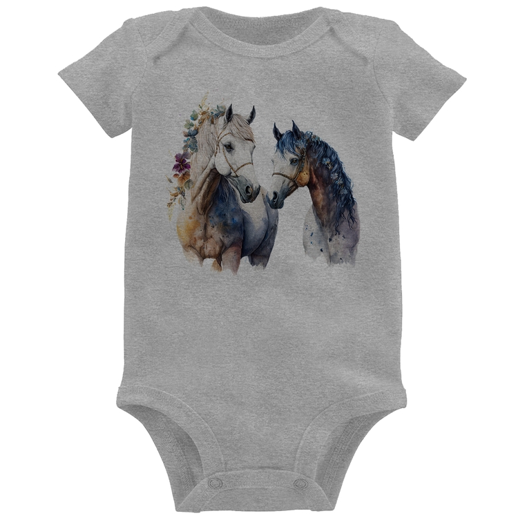 Body Bebê Casal de Cavalos Watercolor - Cinza