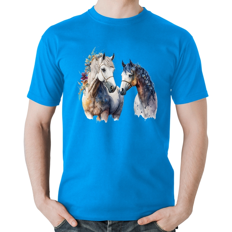 Camiseta Algodão Casal de Cavalos Watercolor - Azul
