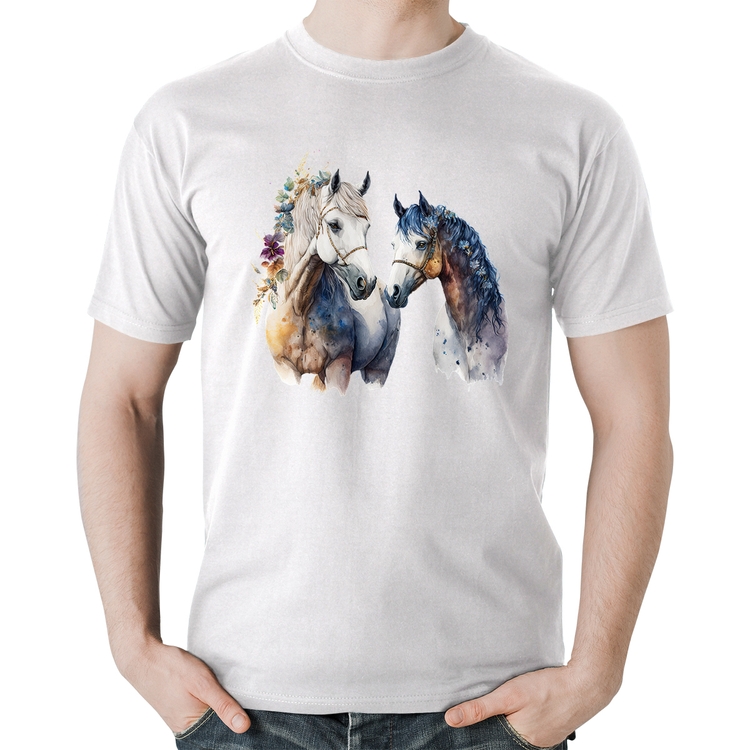 Camiseta Algodão Casal de Cavalos Watercolor - Branca